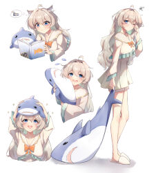 Rule 34 | 1girl, ahoge, alternate costume, closed mouth, commentary, elphe, english commentary, firefly (honkai: star rail), full body, grey hair, hair between eyes, hand up, highres, honkai: star rail, honkai (series), long hair, long sleeves, looking at viewer, multiple views, one eye closed, open mouth, pajamas, simple background, sleepy, slippers, smile, standing, sweatdrop, teeth, upper teeth only, white background, white footwear, white pajamas