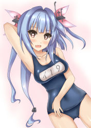 Rule 34 | 10s, 1girl, bad id, bad pixiv id, blue hair, brown eyes, fang, heart, heart-shaped pupils, i-19 (kancolle), kantai collection, long hair, one-piece swimsuit, personification, school swimsuit, solo, swimsuit, symbol-shaped pupils, terakoya, twintails, wavy mouth