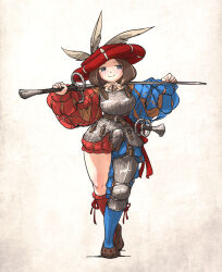 1girl armor asymmetrical_legwear belt blue_eyes breastplate brown_belt brown_footwear brown_hair chaperon_hat codpiece commentary cuirass cuisses english_commentary facing_viewer faulds full_body hat hat_feather heel_up highres holding holding_sword holding_weapon ironlily katzbalger kneehighs landsknecht landsknecht_(ironlily) light_blush long_sleeves medium_hair mismatched_legwear original poleyn puff_and_slash_sleeves puffy_long_sleeves puffy_sleeves red_hat shoes smile socks solo sword tassets weapon white_background
