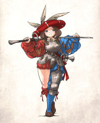 1girl armor asymmetrical_legwear belt blue_eyes breastplate brown_belt brown_hair brown_shoes chaperon_hat codpiece commentary cuirass cuisses english_commentary facing_viewer faulds full_body hat hat_feather heel_up highres holding holding_sword holding_weapon ironlily katzbalger kneehighs landsknecht landsknecht_(ironlily) light_blush long_sleeves medium_hair mismatched_legwear original poleyn puff_and_slash_sleeves puffy_long_sleeves puffy_sleeves red_hat shoes smile socks solo sword tassets weapon white_background