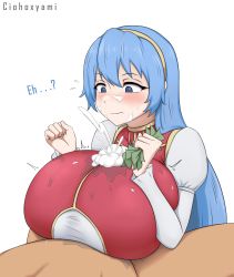 Rule 34 | 1boy, 1girl, banknote, blue eyes, blue hair, blush, breasts squeezed together, breasts, ciohoxyami, closed mouth, clothed paizuri, cum, cum in clothes, cum on body, cum on breasts, cum on clothes, cum on upper body, cum through clothes, dress, ejaculation, estpolis denki, facial, hairband, highres, huge breasts, long hair, lufia, money, paizuri, paizuri under clothes, prostitution, puffy sleeves, surprised, tia (estpolis denki), very long hair