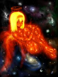 Rule 34 | 1girl, alice margatroid, barefoot, blonde hair, closed mouth, commentary request, completely nude, cookie (touhou), fiery wings, fire, full body, galaxy, hairband, halo, highres, hinase (cookie), hugging own legs, looking at viewer, medium hair, moroheiya (nicoseiga74304964), nude, smile, solo, space, star (sky), sun, touhou, wings