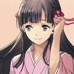 Rule 34 | 1girl, black eyes, black hair, blunt bangs, braid, closed mouth, hand up, hungry clicker, idolmaster, idolmaster cinderella girls, japanese clothes, kimono, kobayakawa sae, long hair, looking to the side, lowres, pink background, pink kimono, simple background, smile, solo, upper body
