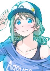 Rule 34 | 1girl, ayumu-k, blue eyes, blush, brown hair, hat, highres, looking at viewer, love live!, love live! sunshine!!, military vehicle, motor vehicle, off shoulder, salute, short hair, simple background, smile, solo, tank, watanabe you, wavy hair