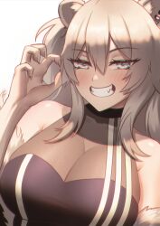 Rule 34 | 1girl, absurdres, animal ears, bare shoulders, blue eyes, blush, breasts, cipher4109, claw pose, cleavage, dutch angle, fangs, fingernails, grin, highres, hololive, large breasts, lion ears, long hair, looking at viewer, off shoulder, see-through, see-through cleavage, sharp fingernails, shishiro botan, simple background, sleeveless, smile, solo, teeth, upper body, virtual youtuber, white background, white hair