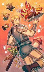 Rule 34 | 1boy, armor, artist name, blonde hair, boots, bracer, brown footwear, brown pants, chibi, chilchuck tims, closed mouth, coin, crab, dungeon meshi, food, gradient background, hand up, highres, holding, holding tray, jewelry, laios touden, licking lips, looking at viewer, looking back, mandrake (dungeon meshi), marcille donato, necklace, oneirio, orange background, pants, pauldrons, pearl necklace, pie, red background, senshi (dungeon meshi), shooting star, short hair, shoulder armor, standing, standing on one leg, star (symbol), tongue, tongue out, tray, twitter username, undercut, very short hair, walking mushroom (dungeon meshi), watermark, yellow eyes