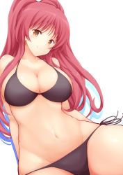 Rule 34 | 1girl, bare arms, bare shoulders, bikini, black bikini, blush, breasts, brown eyes, cleavage, closed mouth, collarbone, commentary request, from below, groin, head tilt, jam (jam0601), kousaka tamaki, large breasts, long hair, looking at viewer, lowleg, lowleg bikini, navel, red hair, shadow, shiny skin, side-tie bikini bottom, simple background, smile, solo, stomach, swimsuit, thick thighs, thighs, to heart (series), to heart 2, twintails, white background