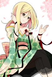 Rule 34 | 1girl, bare shoulders, blonde hair, breasts, brown eyes, cherry blossoms, choker, cleavage, collarbone, flower, hair between eyes, hand in own hair, highres, higurashi no naku koro ni, japanese clothes, kamaboko red, kimono, lace, crossed legs, long hair, looking to the side, off shoulder, petals, ribbon, sash, smile, solo, takano miyo, transparent background