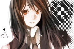 Rule 34 | 1girl, ansatsu kyoushitsu, black hair, checkered background, heart, irote, kanzaki yukiko, long hair, necktie, orange eyes, school uniform, solo