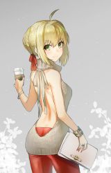 Rule 34 | 10s, 1girl, absurdres, ahoge, ass, back, backless dress, backless outfit, bag, bare back, blonde hair, bracelet, braid, breasts, closed mouth, coffee cup, cowboy shot, cup, disposable cup, dress, fate/extra, fate (series), from behind, grey background, hair between eyes, hair bun, hair intakes, hair ribbon, halterneck, handbag, hieung, highres, holding, holding bag, jewelry, leaf, leaf background, looking at viewer, looking back, medium breasts, meme attire, nail polish, nero claudius (fate), nero claudius (fate) (all), nero claudius (fate/extra), pantyhose, red nails, red pantyhose, red ribbon, ribbed sweater, ribbon, ring, short hair, sidelocks, single hair bun, smile, solo, starbucks, sweater, sweater dress, turtleneck, turtleneck sweater, virgin killer sweater