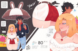 Rule 34 | 1boy, 1girl, blonde hair, blue eyes, blush, breasts, calgary callie (nyantcha), canada, covered erect nipples, english text, holding, holding umbrella, jewelry, long hair, loveycherie, necklace, original, phone, rain, thad (nyantcha), umbrella, weather, wet, wet clothes, wide hips