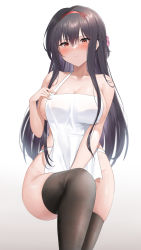 Rule 34 | 1girl, bare shoulders, black hair, black thighhighs, braid, breasts, closed mouth, collarbone, commission, futon fly away, gradient background, hairband, hamidashi creative, highres, kamakura shio, large breasts, looking at viewer, orange eyes, pixiv commission, red hairband, simple background, solo, thighhighs, thighs, white background