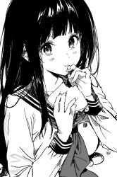 Rule 34 | 1girl, blush, chitanda eru, duplicate, eating, food, greyscale, hands up, highres, holding, holding food, hyouka, long hair, looking at viewer, mery (yangmalgage), monochrome, neckerchief, pixel-perfect duplicate, sailor collar, school uniform, shirt, simple background, solo, upper body