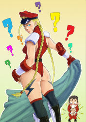 Rule 34 | 1boy, 1girl, ?, ahoge, alternate costume, armor, ass, black thighhighs, blonde hair, blue eyes, boots, braid, cammy white, cape, chest hair, chibi, chibi inset, cosplay, elbow gloves, fingerless gloves, gloves, greaves, hat, highres, huge ahoge, knee boots, leotard, lips, long hair, m. bison, m bison (cosplay), o o, peaked cap, red leotard, rgm501, scar, shoulder pads, solo focus, street fighter, street fighter iv (series), thighhighs, torn clothes, twin braids