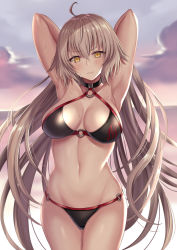 Rule 34 | 1girl, ahoge, armpits, arms behind head, bad id, bad pixiv id, beach, bikini, black bikini, blush, breasts, choker, cleavage, cloud, commentary request, fate/grand order, fate (series), groin, hair between eyes, harimoji, jeanne d&#039;arc alter (swimsuit berserker) (fate), jeanne d&#039;arc (fate), jeanne d&#039;arc alter (fate), jeanne d&#039;arc alter (swimsuit berserker) (fate), large breasts, long hair, looking at viewer, navel, o-ring, o-ring bikini, ocean, outdoors, silver hair, solo, stomach, sunset, swimsuit, very long hair, wet, yellow eyes