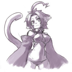 Rule 34 | 1girl, ahoge, animal ears, breasts, detached sleeves, large breasts, monochrome, monster girl, panties, purple theme, rumie, short hair, simple background, sketch, smile, solo, tail, underwear, white background