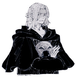 Rule 34 | 1boy, anger vein, annoyed, black capelet, black robe, capelet, clenched teeth, cropped torso, crossed arms, dated, emet-selch, final fantasy, final fantasy xiv, from side, furrowed brow, greyscale, hood, hood down, hooded capelet, itowo (itowc), long sleeves, looking to the side, male focus, mask, mask around neck, monochrome, robe, short hair, signature, simple background, solo, teeth, unworn mask, upper body, white background