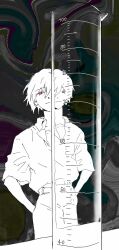 Rule 34 | 1boy, belt, closed mouth, collared shirt, hands in pockets, highres, kgeroua, limited palette, looking at viewer, male focus, nagisa kaworu, neon genesis evangelion, pants, red eyes, shirt, shirt tucked in, short hair, short sleeves, solo, test tube, undershirt