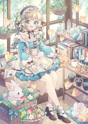 Rule 34 | 1girl, :d, apron, black footwear, black ribbon, blue dress, blue eyes, blunt bangs, blush, book, bookshelf, cup, day, dress, drink, frilled apron, frills, hanging plant, high heels, holding, holding book, hyou (pixiv3677917), indoors, light brown hair, long hair, long sleeves, maid, maid headdress, neck ribbon, open book, open mouth, original, plant, pleated dress, potted plant, puffy long sleeves, puffy sleeves, rabbit, raised eyebrows, ribbon, sidelocks, sitting, smile, solo, straight hair, table, white apron, wicker basket, window, wooden floor