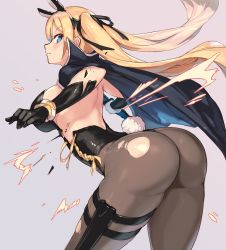 Rule 34 | 1girl, absurdres, arched back, ass, back, black gloves, black pantyhose, blonde hair, blue eyes, breasts, cape, closed mouth, cowboy shot, from behind, gloves, hair ribbon, hairband, highres, huge ass, kirikawa ikumu, large breasts, leaning, leaning forward, legs apart, leotard, looking back, original, pantyhose, rabbit tail, ribbon, side-tie leotard, simple background, solo, strapless, strapless leotard, tail, thick thighs, thigh strap, thighs, torn clothes, torn leotard, torn pantyhose, wristband