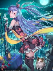 Rule 34 | 1girl, alcohol, candle, cat, city, cityscape, cup, cupping glass, dated, dress, drinking glass, flower, full moon, furyou michi ~gang road~, hair ornament, highres, long hair, looking at viewer, moon, night, outdoors, ozma, purple hair, red eyes, rose, smile, solo, thighhighs, wine, wine glass