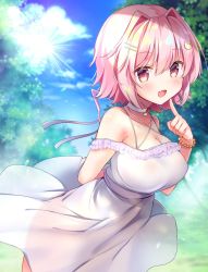Rule 34 | 1girl, alternate costume, arm behind back, blush, breasts, cat hair ornament, choker, cleavage, cloud, collarbone, day, dress, fang, hair ornament, hairclip, highres, jewelry, kantai collection, large breasts, masayo (gin no ame), off shoulder, open mouth, outdoors, pink hair, red eyes, ribbon, see-through, short hair, skin fang, sky, solo, tama (kancolle), tree, white dress