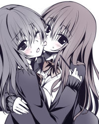 Rule 34 | 2girls, blush, food, hug, licking, licking another&#039;s cheek, licking another&#039;s face, long hair, long sleeves, looking at viewer, monochrome, multiple girls, one eye closed, original, oryo (oryo04), pocky, school uniform, simple background, spot color, tongue, tongue out, white background, wink, yuri