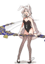 Rule 34 | 1girl, black footwear, black leotard, black thighhighs, blush, breasts, cape, fate/grand order, fate (series), fishnet thighhighs, fishnets, full body, gray (fate), grey cape, grey hair, highres, holding, holding scythe, holding weapon, hood, hood up, leotard, medium breasts, neck ribbon, nemugiko, open mouth, playboy bunny, ribbon, scythe, shoes, simple background, solo, standing, thighhighs, weapon, white background, white ribbon, wrist cuffs