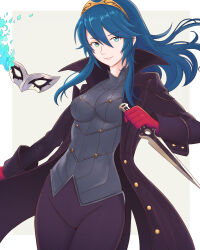 Rule 34 | 1girl, absurdres, amamiya ren, amamiya ren (cosplay), black coat, blue eyes, blue fire, breasts, coat, cosplay, dagger, family crest, fire, fire emblem, fire emblem awakening, gloves, highres, holding, holding dagger, holding knife, holding weapon, knife, long hair, looking at viewer, lucina (fire emblem), mask, medium breasts, nintendo, persona, persona 5, red gloves, smile, solo, tiara, truejekart, weapon