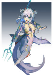 Rule 34 | 1girl, armlet, armor, blue eyes, blue hair, blunt bangs, breastplate, breasts, claws, commentary, fins, full body, gawr gura, grey hair, highres, holding trident, hololive, hololive english, lower teeth only, mermaid, monster girl, monsterification, multicolored hair, old-night, open mouth, polearm, sharp teeth, sidelocks, small breasts, solo, streaked hair, teeth, trident, two side up, virtual youtuber, weapon, wristlet
