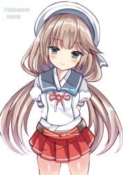 Rule 34 | 1girl, blue sailor collar, cowboy shot, fathom, green eyes, grey hair, hat, highres, kantai collection, long hair, looking at viewer, low twintails, mikura (kancolle), pleated skirt, puffy short sleeves, puffy sleeves, red skirt, sailor collar, sailor hat, sailor shirt, shirt, short sleeves, simple background, skirt, smile, solo, standing, twintails, twitter username, white background, white shirt