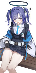Rule 34 | 1girl, absurdres, black gloves, black skirt, blue archive, blue jacket, blue necktie, blush, breasts, collared shirt, cowboy shot, formal, gloves, halo, highres, ildy, jacket, large breasts, long hair, long sleeves, mechanical halo, necktie, open mouth, pleated skirt, purple eyes, purple hair, shirt, simple background, skirt, solo, suit, two-sided fabric, two-sided jacket, two-tone background, white background, white jacket, white shirt, yuuka (blue archive)