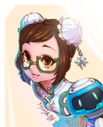 Rule 34 | 1girl, aged down, alternate hairstyle, beads, blue dress, brown eyes, brown hair, bun cover, china dress, chinese clothes, commentary, double bun, dress, drone, floating, glasses, green-framed eyewear, hair bun, hair ornament, highres, looking at viewer, mar10, mei (overwatch), overwatch, overwatch 1, parted bangs, robot, short hair, short sleeves, snowball (overwatch), snowflake hair ornament, solo, swept bangs