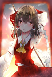 Rule 34 | 1girl, :/, arm behind head, arm up, armpits, ascot, bow, brown eyes, brown hair, bud tsubomi, detached sleeves, expressionless, frilled shirt collar, frills, gohei, hair between eyes, hair bow, hair tubes, hakurei reimu, highres, holding, long hair, looking to the side, red bow, red skirt, ribbon-trimmed sleeves, ribbon trim, sidelocks, skirt, skirt set, solo, torii, touhou, wide sleeves