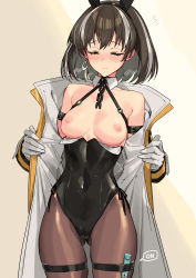 Rule 34 | 1girl, alternate costume, animal ears, arknights, black leotard, black pantyhose, blush, breasts, breasts out, brown hair, cameltoe, chain, closed mouth, coat, commentary, controller, covered navel, cowboy shot, detached collar, earrings, embarrassed, english text, eyelashes, closed eyes, fake animal ears, female focus, gloves, gluteal fold, highres, jewelry, leotard, leotard pull, magallan (arknights), medium breasts, multicolored hair, nipples, open clothes, open coat, pantyhose, playboy bunny, rabbit ears, remote control, remote control vibrator, sex toy, short hair, sigm@, silver hair, simple background, single earring, skindentation, solo, strap, streaked hair, sweat, sweatdrop, two-tone hair, vibrator, white coat, white gloves, yellow eyes