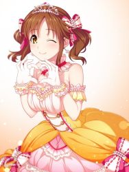Rule 34 | 1girl, beads, blurry, blush, bow, breasts, brown hair, choker, cleavage, depth of field, dress, gloves, hair bow, heart, heart hands, idolmaster, idolmaster cinderella girls, large breasts, looking at viewer, mikapoe, multicolored clothes, multicolored dress, one eye closed, pink dress, short hair, smile, solo, tiara, totoki airi, yellow dress, yellow eyes