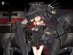 Rule 34 | 1girl, absurdres, azur lane, baek hyang, banner, black jacket, black skirt, blonde hair, blush, breasts, brown eyes, cannon, character name, collared jacket, corset, cowboy shot, cross, dated, flag, framed breasts, hair between eyes, hand up, headgear, highres, iron cross, jacket, large breasts, long sleeves, looking at viewer, machinery, mechanical hands, miniskirt, multicolored hair, pleated skirt, red hair, revision, rigging, roon (azur lane), searchlight, shirt, short hair, sidelocks, signature, skirt, smile, solo, streaked hair, taut clothes, turret