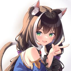 Rule 34 | 1girl, :d, absurdres, animal ear fluff, animal ears, bare shoulders, black hair, blue sleeves, bow, brooch, cat ears, cat girl, cat tail, commentary request, detached sleeves, gradient background, green eyes, grey background, hair between eyes, hair bow, hand up, highres, jewelry, jiyasu, karyl (princess connect!), long hair, long sleeves, looking at viewer, looking to the side, low twintails, multicolored hair, open mouth, princess connect!, purple bow, shirt, sleeveless, sleeveless shirt, smile, solo, streaked hair, tail, twintails, upper body, v, white background, white hair, white shirt, wide sleeves
