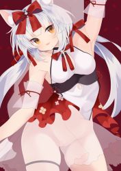 Rule 34 | 1girl, animal ears, arm up, armpits, azur lane, bow, breasts, cat ears, cleft of venus, dress, gyusukiudon, hair bow, long hair, low twintails, no panties, open mouth, pussy, red background, see-through, simple background, sleeveless, solo, twintails, white hair, yellow eyes, yukikaze (azur lane), yukikaze (winter&#039;s snowy wind) (azur lane)