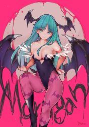 Rule 34 | 1girl, animal print, aqua eyes, aqua hair, artist name, bad id, bad pixiv id, bare shoulders, bat print, black footwear, blood, blush, boots, breasts, character name, cleavage, closed mouth, clothing cutout, covered navel, demon girl, detached sleeves, feet out of frame, hand on own hip, head wings, heart cutout, highleg, highleg leotard, knee boots, leg up, leotard, lips, long hair, long sleeves, looking at viewer, medium breasts, morrigan aensland, pantyhose, parted bangs, pikkumyy, pink pantyhose, print pantyhose, purple wings, smile, solo, spikes, standing, standing on one leg, straight hair, strap slip, thick eyebrows, very long hair, wings