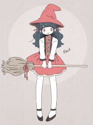 Rule 34 | 1girl, blush, bow, broom, brown background, earrings, full body, hat, highres, holding, holding broom, jewelry, long hair, long sleeves, no nose, noeru (noellemonade), open mouth, original, red bow, red eyes, red hat, signature, solo, standing, witch, witch hat