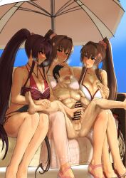 Rule 34 | 1boy, 3girls, absurdres, admiral (kancolle), anus, assertive female, beach umbrella, bikini, blush, breasts, brown hair, casual one-piece swimsuit, clothed female nude male, day, grin, group sex, hair intakes, hetero, highres, huge breasts, kantai collection, long hair, mrdotd, multiple girls, multiple persona, nude, official alternate costume, one-piece swimsuit, open mouth, outdoors, pink bikini, ponytail, red one-piece swimsuit, sandals, sarong, side-tie swimsuit, smile, speech bubble, striped clothes, striped one-piece swimsuit, swimsuit, tall female, umbrella, very long hair, white bikini, yamato (kancolle), yamato kai ni (kancolle)