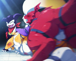 Rule 34 | 1girl, 2boys, 68, digimon, digimon (creature), doggystyle, furry, monster, multiple boys, no humans, nude, penis, renamon, sex, sex from behind, tail, vaginal
