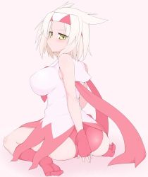 Rule 34 | 1girl, ass, bare shoulders, blush, breasts, covering privates, covering ass, creatures (company), dress, feet, female focus, game freak, gen 3 pokemon, headband, highres, huge ass, large breasts, latias, legendary pokemon, natsuki straight, nintendo, panties, personification, pokemon, pout, red panties, scarf, short hair, simple background, sitting, socks, solo, underwear, wariza, white hair, yellow eyes