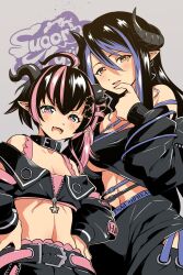 Rule 34 | 2girls, ahoge, alternate eye color, bandeau, belt, belt collar, black bandeau, black belt, black hair, black jacket, black skirt, black sleeves, blue belt, blue hair, blush, bra, breasts, bright pupils, brown eyes, chest belt, cleavage, collar, commentary request, copyright name, cowboy shot, cropped jacket, curled horns, demon girl, demon horns, detached sleeves, earrings, fangs, flat chest, flower, grey horns, hair between eyes, hair flower, hair ornament, hair ribbon, hebiyoi tier, hebiyoi tier (1st costume), highres, horns, jacket, jewelry, long hair, long sleeves, looking at viewer, medium breasts, midriff, multicolored hair, multiple girls, nanashi inc., nantyu-a, navel, off shoulder, oinomori may, oinomori may (1st costume), one side up, open clothes, open jacket, open mouth, pink bra, pink eyes, pink hair, pink ribbon, pointy ears, ribbon, sidelocks, single earring, skirt, sleeveless, sleeveless jacket, smile, snake bite, sugar lyric, two-tone hair, underwear, virtual youtuber, white pupils