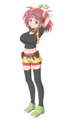 Rule 34 | 1girl, arms up, belt, belt pouch, betelbear, black shirt, black thighhighs, blunt bangs, bone necklace, breasts, brown belt, choker, cleavage, commentary, crop top, dinosaur king, eyewear on head, full body, green choker, green footwear, grin, hair ornament, hair scrunchie, highres, jewelry, large breasts, looking at viewer, midriff, navel, necklace, open clothes, open vest, pink hair, pouch, purple eyes, scrunchie, shirt, shoes, short shorts, short sleeves, short twintails, shorts, sidelocks, simple background, smile, sneakers, solo, standing, stretching, sunglasses, tatsuno malm, thighhighs, twintails, vest, white background, wristband, yellow scrunchie, yellow shorts, yellow vest