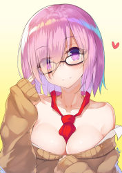 Rule 34 | 1girl, adjusting eyewear, alternate costume, bare shoulders, between breasts, breasts, cleavage, commentary request, eyes visible through hair, fate/grand order, fate (series), glasses, gradient background, hair over one eye, heart, highres, looking at viewer, mash kyrielight, medium breasts, mhong, necktie, necktie between breasts, purple eyes, purple hair, short hair, sleeves past wrists, smile, solo, upper body