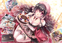 Rule 34 | 1girl, backlighting, beret, black dress, black hair, blush, book, breasts, cake, christmas, cleavage, commentary request, detached collar, dress, food, frilled dress, frills, fur-trimmed jacket, fur trim, hair between eyes, hat, holding, holding cake, holding food, jacket, long hair, looking at viewer, medium breasts, merry christmas, off-shoulder jacket, off shoulder, one eye closed, open mouth, original, outdoors, pink hat, red eyes, red jacket, sakurano ru, sidelocks, signature, sitting, solo, thighhighs, virtual youtuber, wariza, white thighhighs, zettai ryouiki
