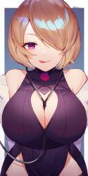 Rule 34 | 1girl, :d, absurdres, arms behind back, artist name, ayu (ayuyu0924), benghuai xueyuan, between breasts, black dress, blonde hair, breasts, chinese commentary, cleavage, cleavage cutout, closed mouth, clothing cutout, commentary, dress, hair over one eye, highres, honkai (series), large breasts, leaning forward, looking at viewer, mole, mole under eye, off shoulder, open mouth, outside border, purple eyes, rita rossweisse, short hair, sleeveless, sleeveless dress, smile, stethoscope, straight-on, tongue, tongue out, upper body
