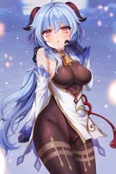 Rule 34 | 1girl, :o, absurdres, ahoge, arm at side, bare shoulders, bell, black gloves, black pantyhose, blue hair, bodystocking, breasts, commentary request, cowboy shot, detached sleeves, ganyu (genshin impact), genshin impact, gloves, hand on own face, hand up, highres, honyang, horns, korean commentary, long hair, long sleeves, looking at viewer, low ponytail, medium breasts, moon, neck bell, night, open mouth, outdoors, pantyhose, pelvic curtain, purple eyes, red ribbon, ribbon, sidelocks, solo, tassel, thighs, very long hair